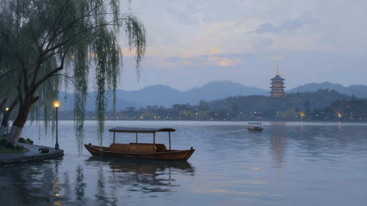 Лодка плывёт по озеру Западное в Ханчжоу, отражаются храмы и горы, вечерние фонари и туман.