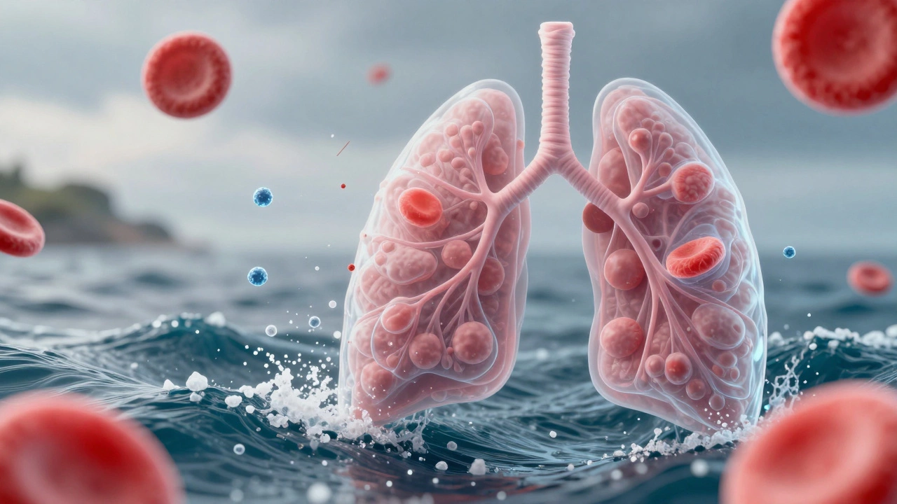 Микроскопический вид морских аэрозолей и отрицательных ионов, проникающих в лёгкие.