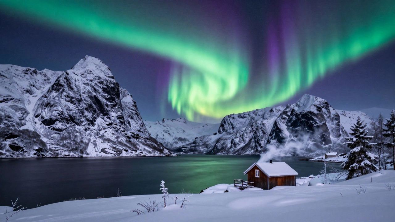 Норвежский фьорд зимой: северное сияние над ледяными скалами и тихой водой.