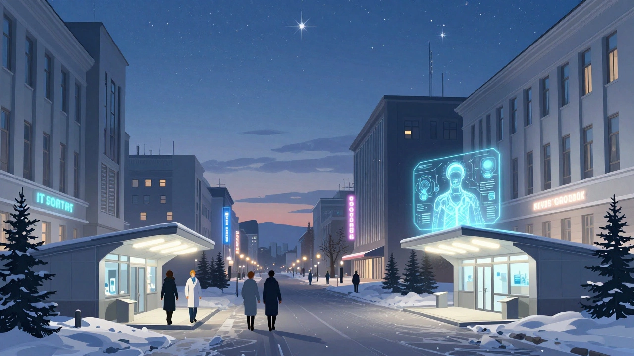 Новосибирск, Академгородок: учёные идут к лабораториям, светятся знаки IT-стартапов, виден метрополитен.