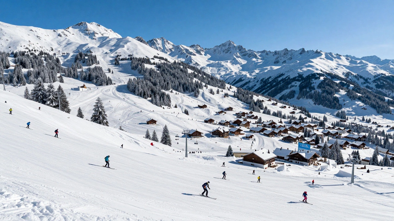 Обширная лыжная зона Трёхдолинья во Франции с сотнями лыжников на бесконечных трассах.