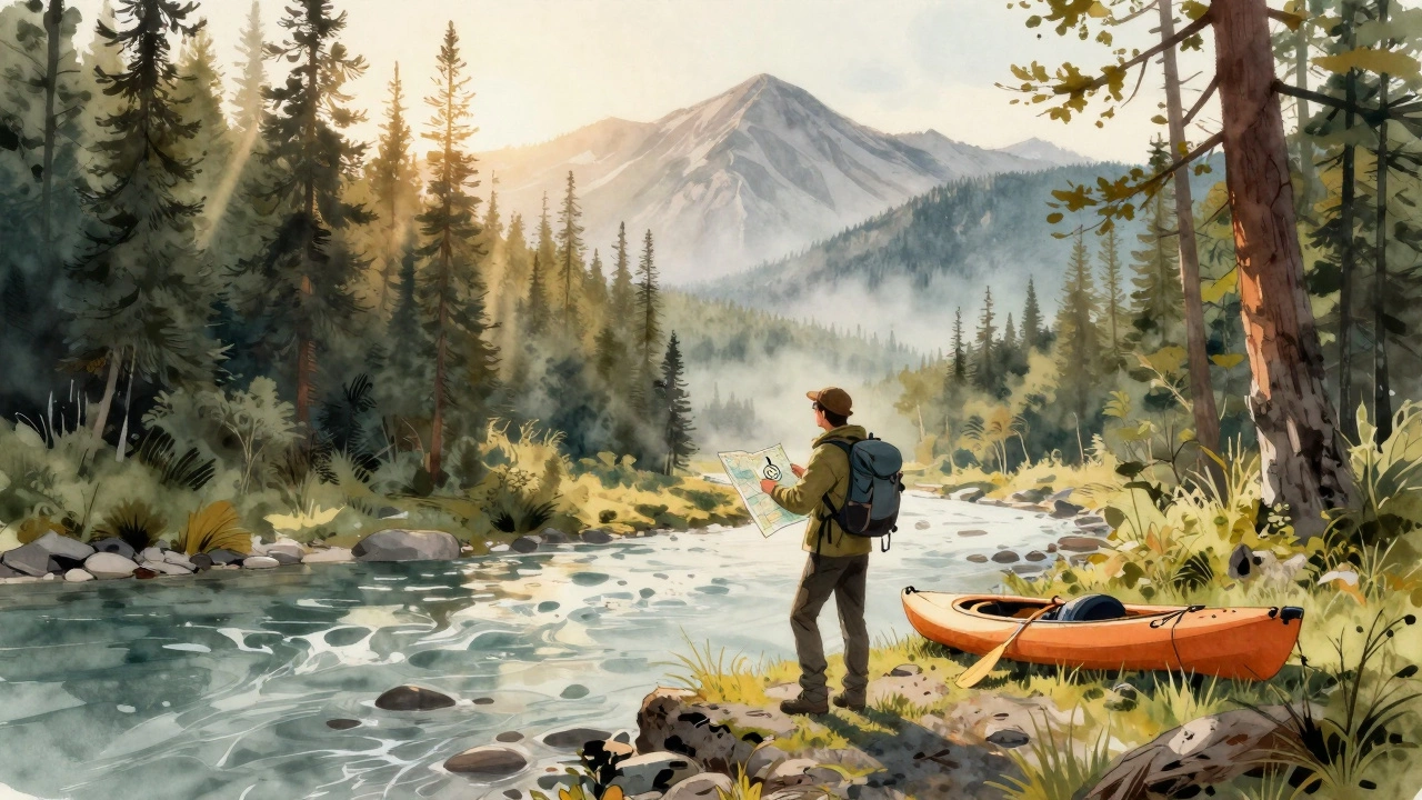 Одинокий путешественник с картой и компасом стоит на берегу реки в Алтае, окруженный лесом.