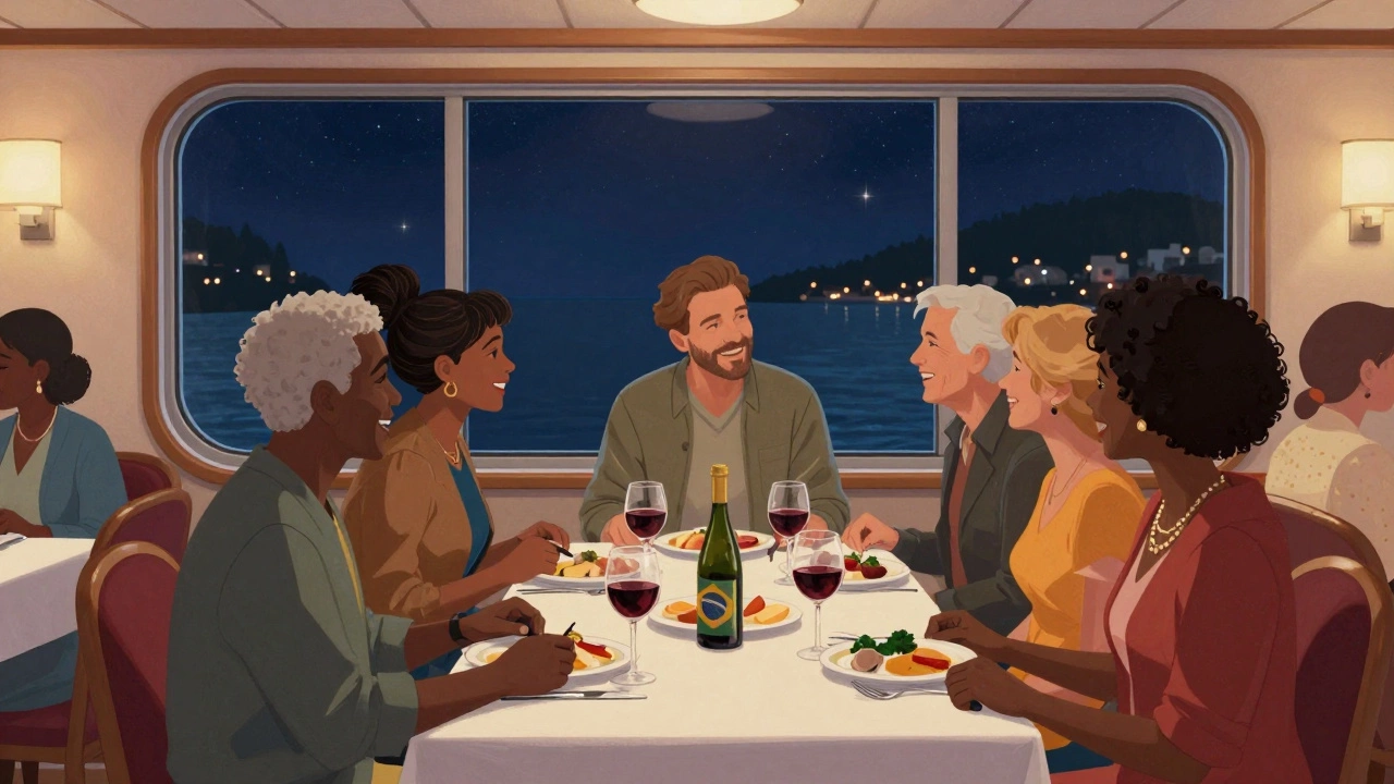 Одинокий путешественник за общим столом с пассажирами разных стран, ужин и разговоры на круизе.