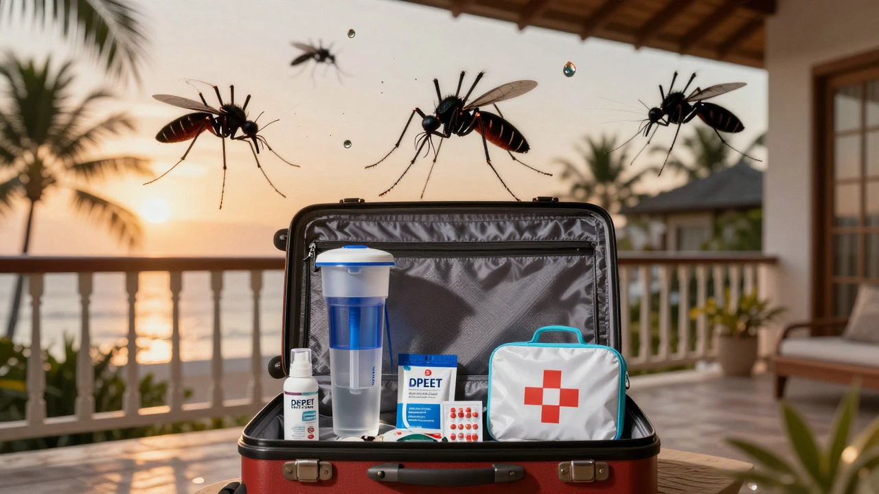 Открытый чемодан с медикаментами и фильтром для воды на балконе, вокруг — тени комаров и зараженной воды.