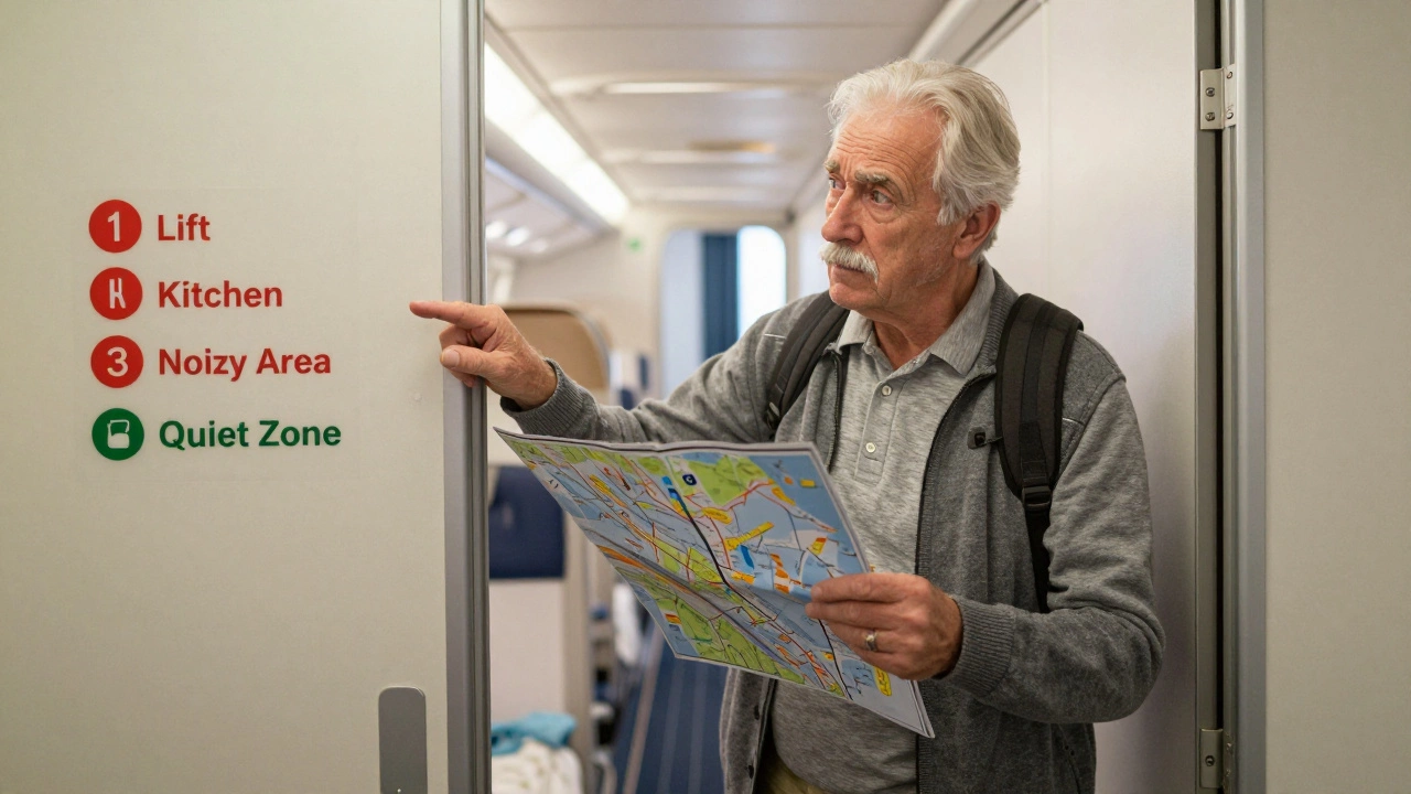Пожилой путешественник изучает схему кают, выбирая тихое место, избегая шумных зон.