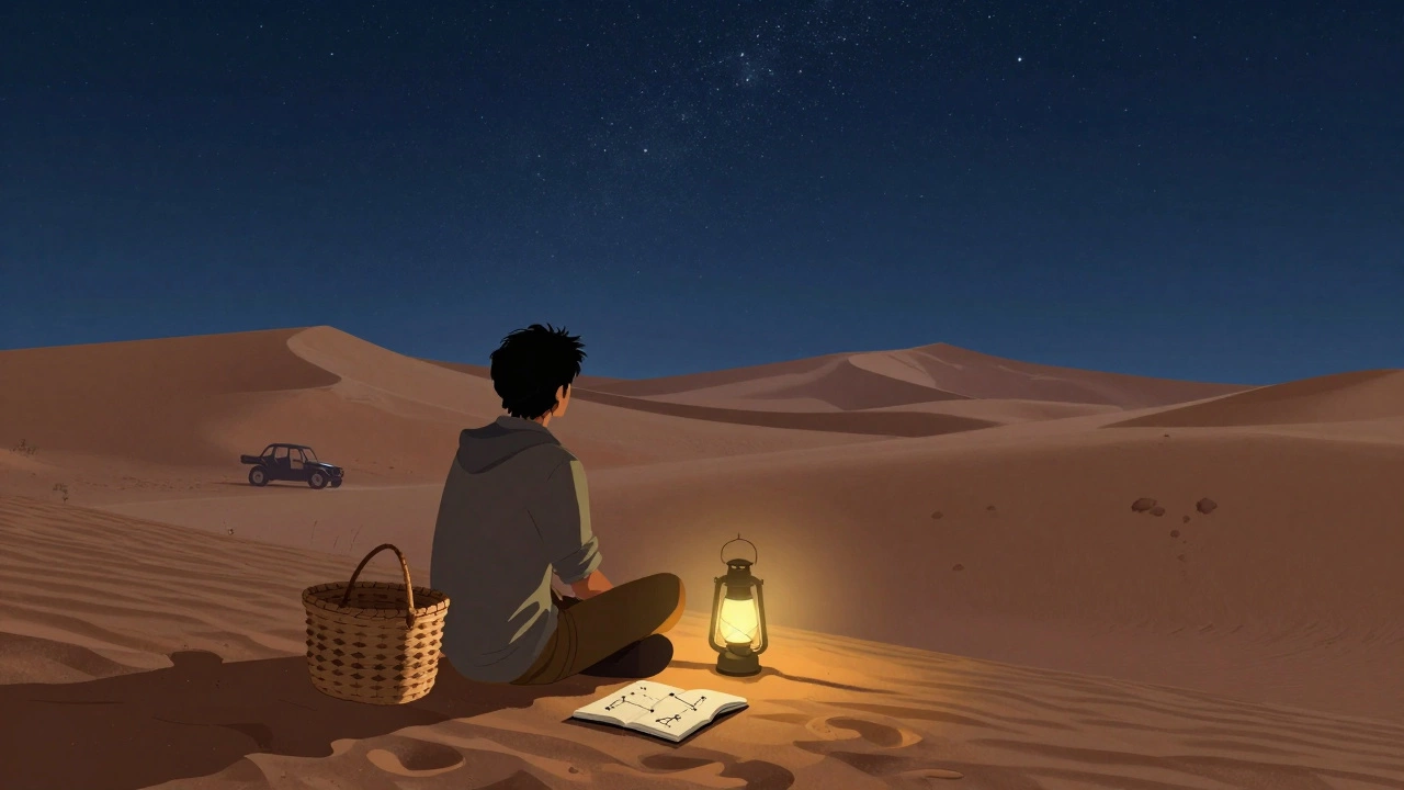 Путешественник в пустыне Намибия смотрит на звёздное небо у огня.