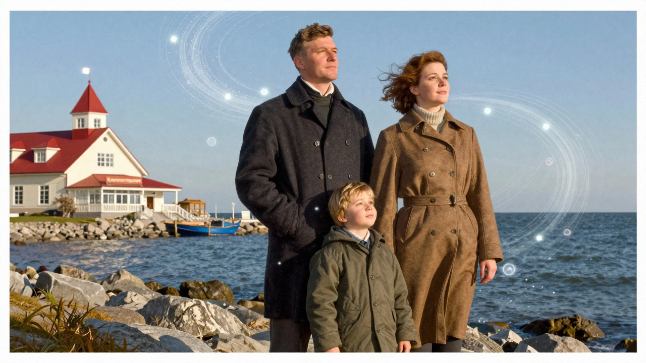 Семья дышит морским воздухом у Чёрного моря, позади — санаторий, осень, ветер.