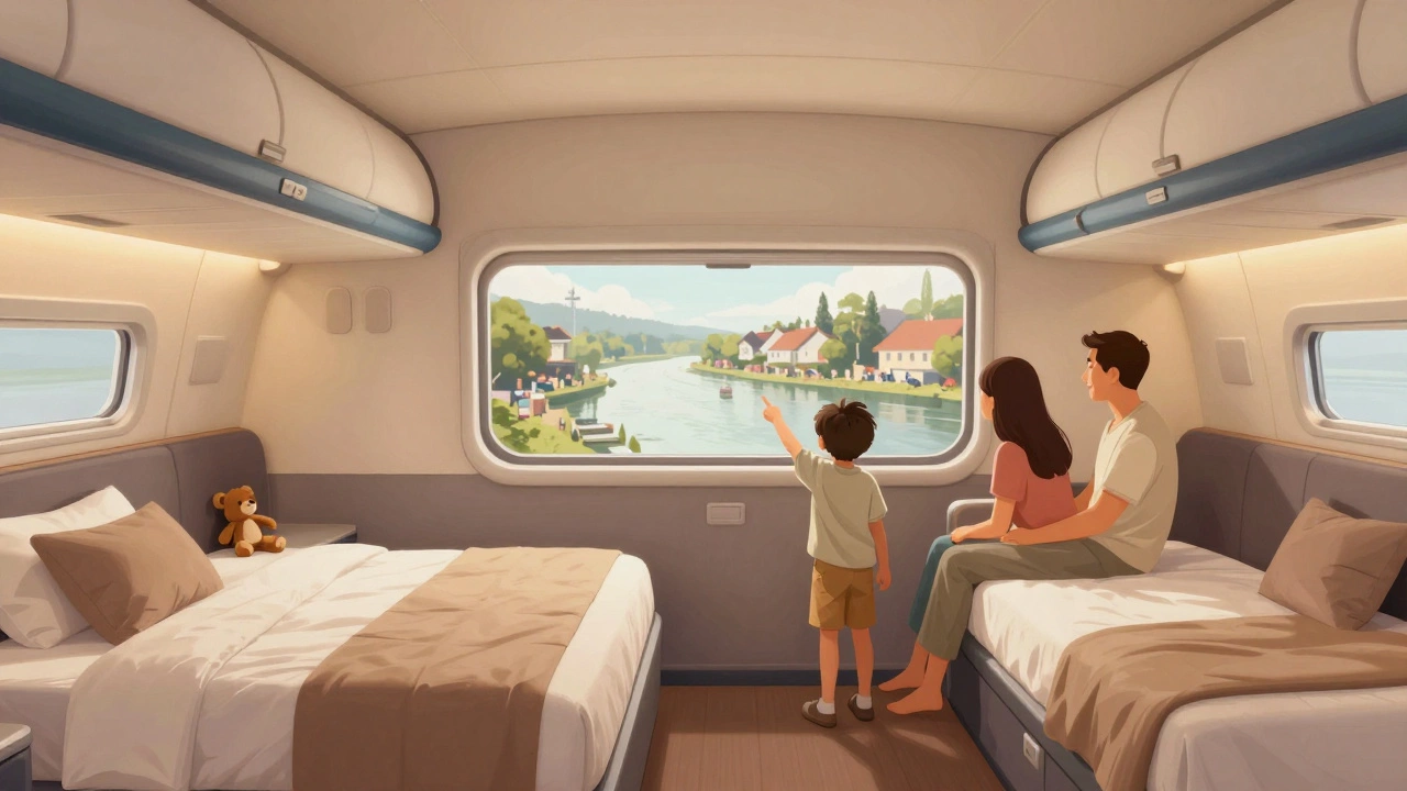 Семья с детьми в комфортной каюте на средней палубе, ребёнок смотрит в окно на берег.