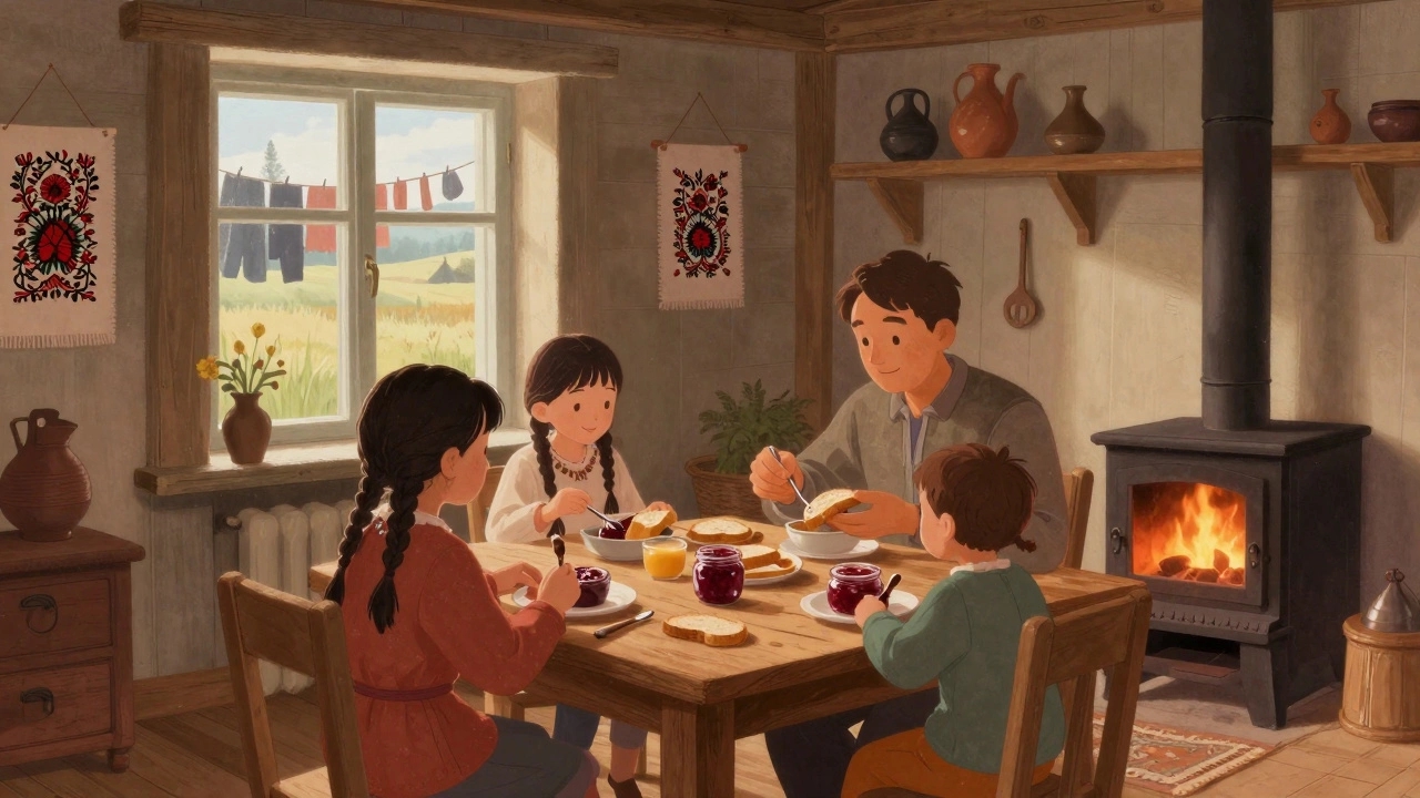 Семья в деревянном доме в русской деревне за завтраком с хлебом и вареньем, без телефонов.