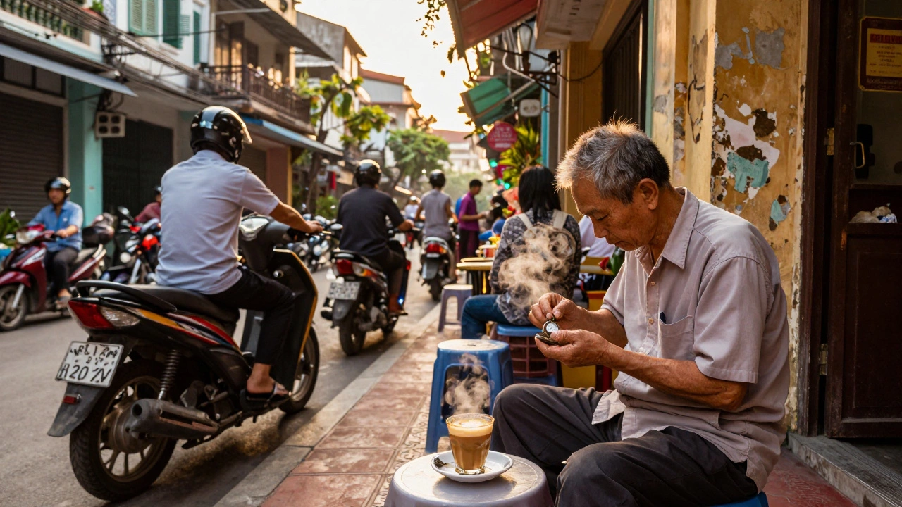 Старик чинит часы пальцами на улице Ханоя, рядом — чашка кофе с яйцом и мотоциклы на тротуаре.