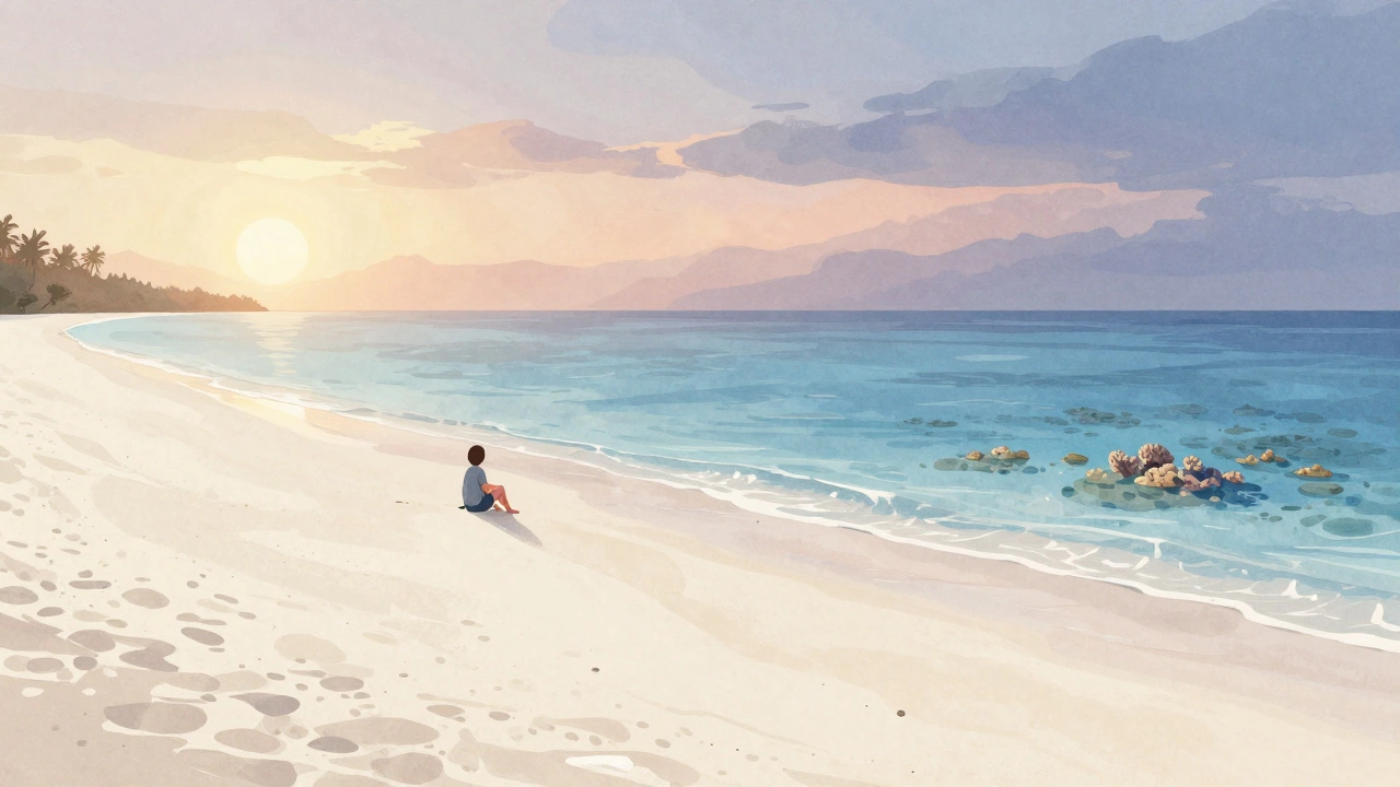 Тихий закат на пляже Боракай, Филиппины, с белым песком и тёплой водой, без следов туристов и мусора.