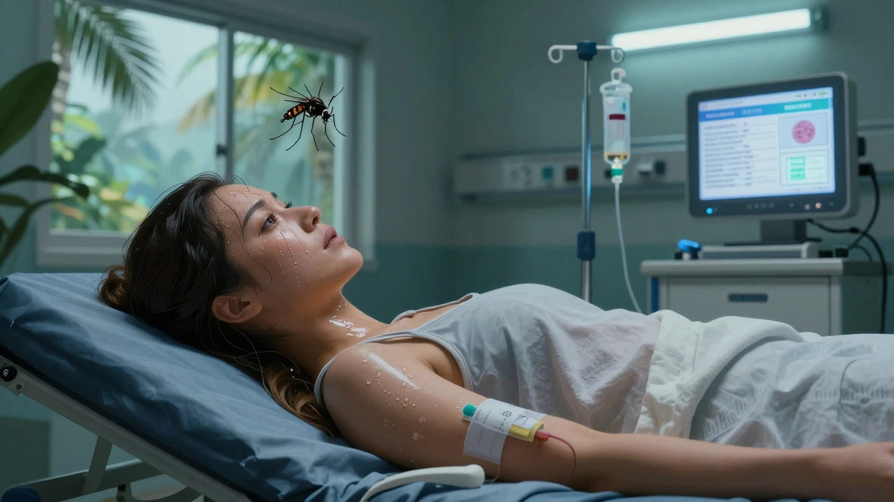 Туристка в больнице с низким уровнем тромбоцитов, рядом — комар у окна.
