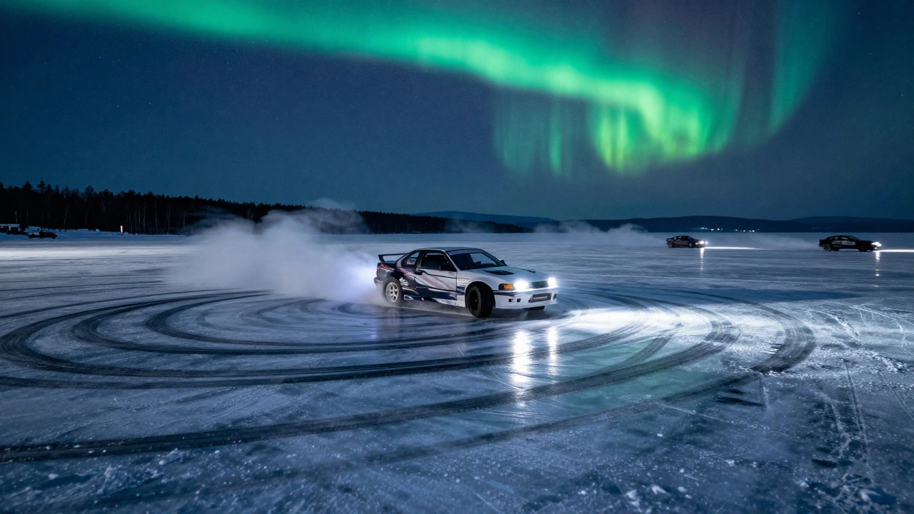 Автомобиль дрифтирует по льду Байкала ночью под северным сиянием, следы шин на льду.