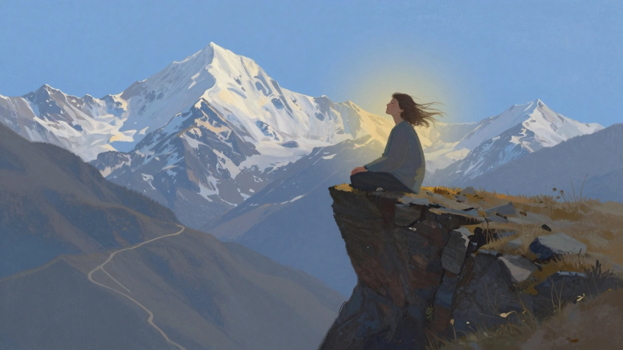 Человек сидит на краю утеса в Кавказе, закрыв глаза, слушая ветер.