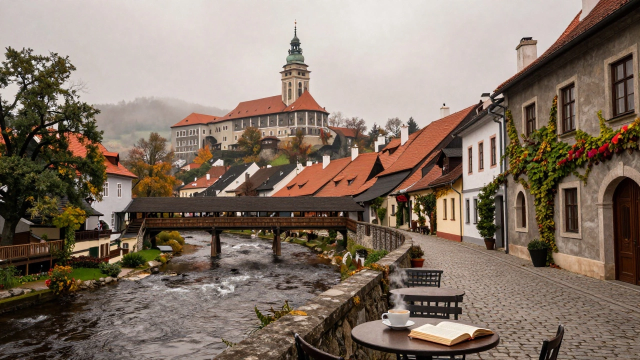 Чешский Крумлов осенью: замок над рекой, уютное кафе с книгой и кофе.