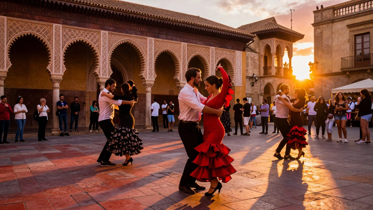 Фламенко в Барселоне: танцоры в ярком свете заката на узкой улочке.