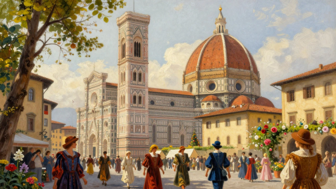 Флоренция, собор Санта-Мария-дель-Фьоре с красной черепицей и фестиваль в исторических костюмах.