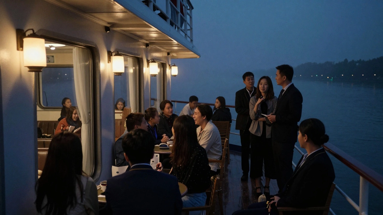 Группа пассажиров тихо отдыхает на палубе теплохода после 23:00, один из них напоминает другим о тишине.