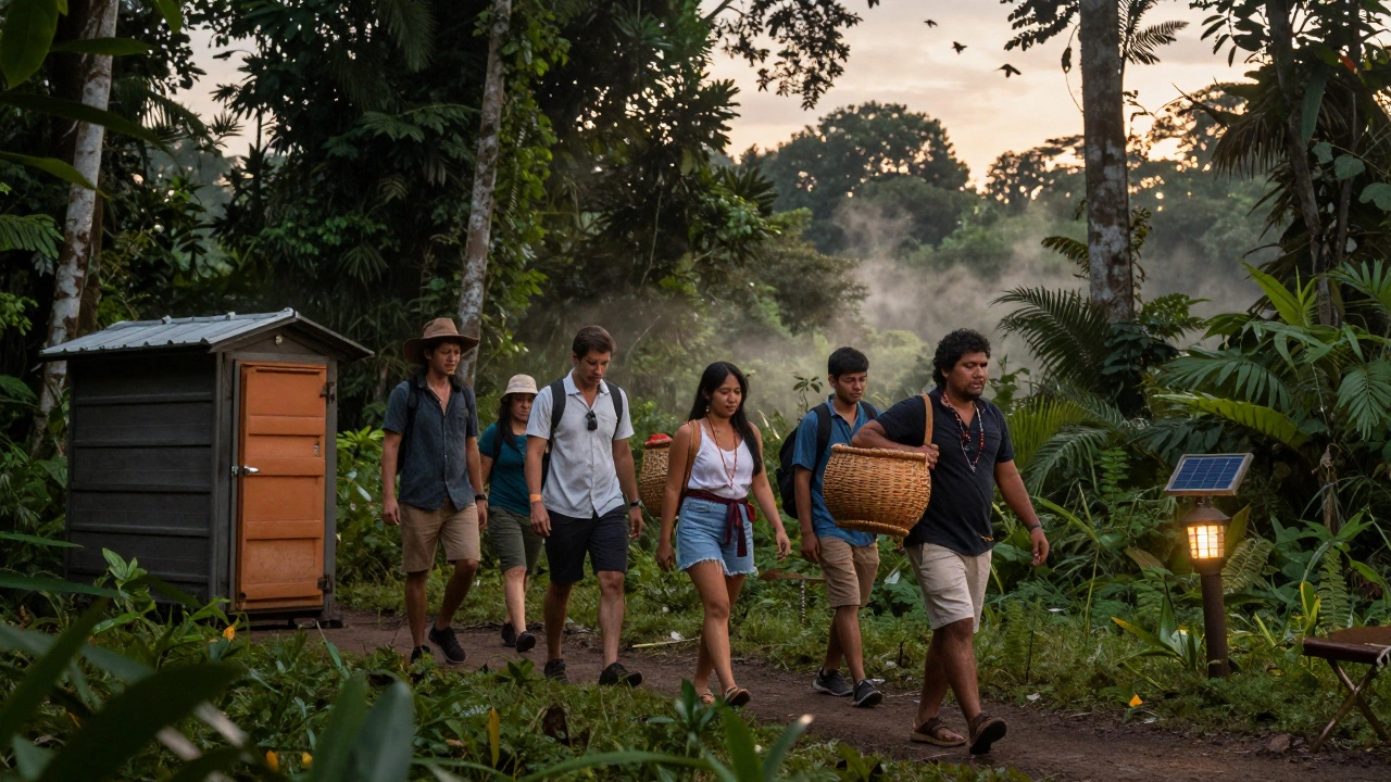 Группа туристов и местный гид идут по джунглям Амазонки на закате.