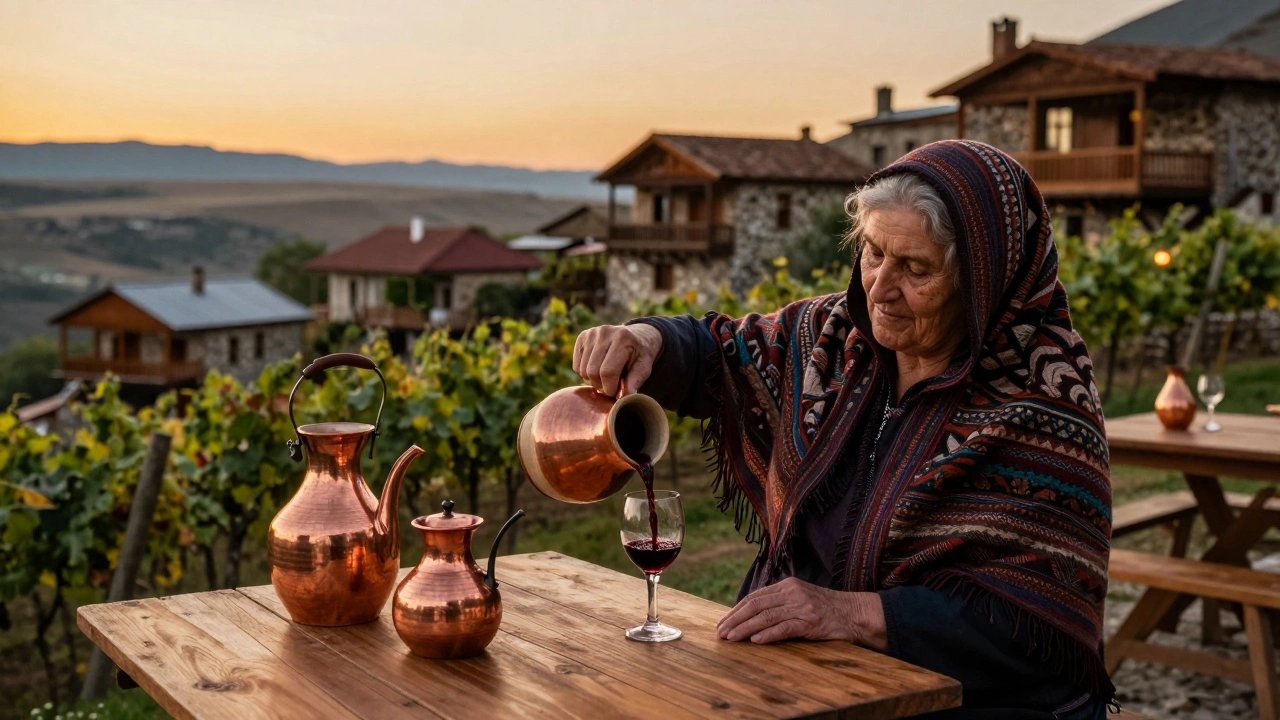 Грузинская деревня на закате, бабушка наливает вино из глиняного кувшина.