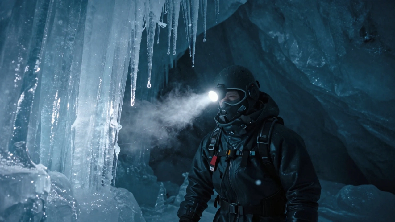 Исследователь в гидрокостюме с фонариком спускается по ледяной пещере, вокруг — ледяные стены и капли воды.