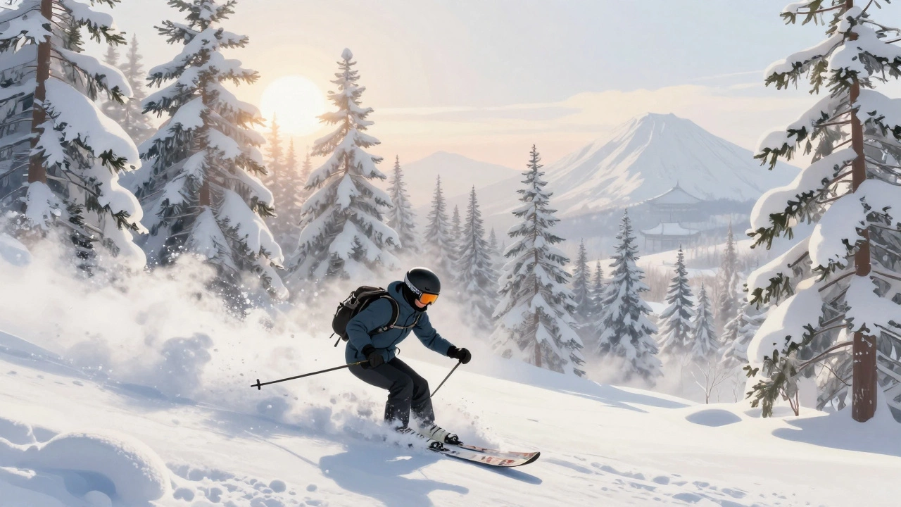 Лыжники катятся по пушистому снегу в Ниссико, Япония, с деревьями, покрытыми снегом, и туманом в воздухе.