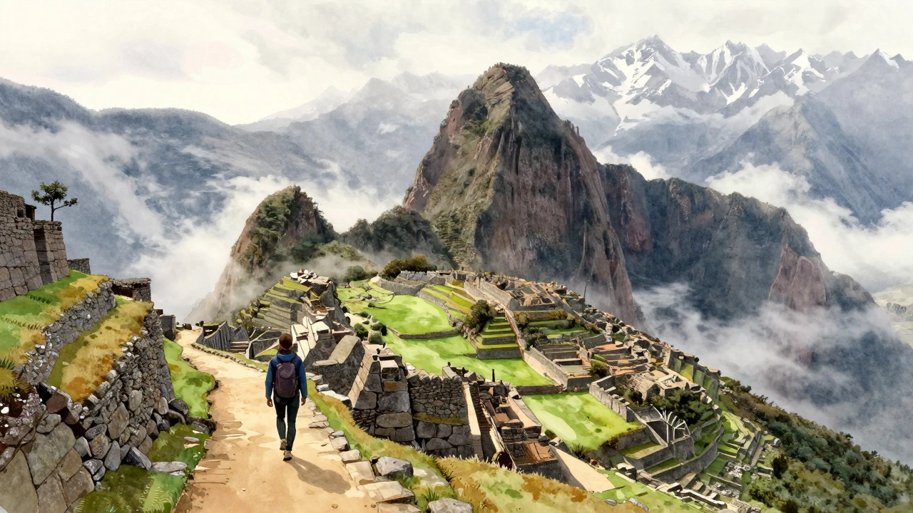 Путешественник идет по древним каменным тропам Инков в Андах, окруженный облаками и горами.