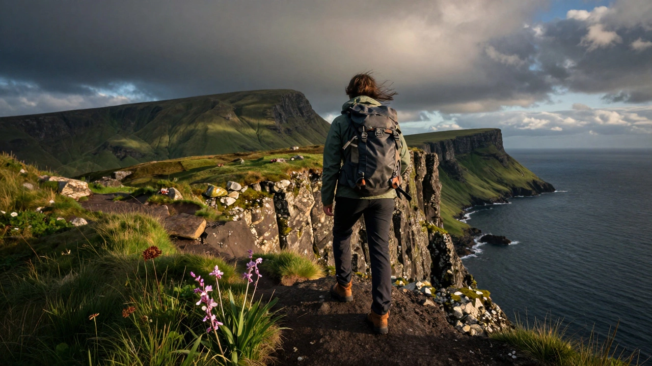 Путешественник на скальном гребне Квирейнг на острове Скай, океан и зеленые холмы по бокам.