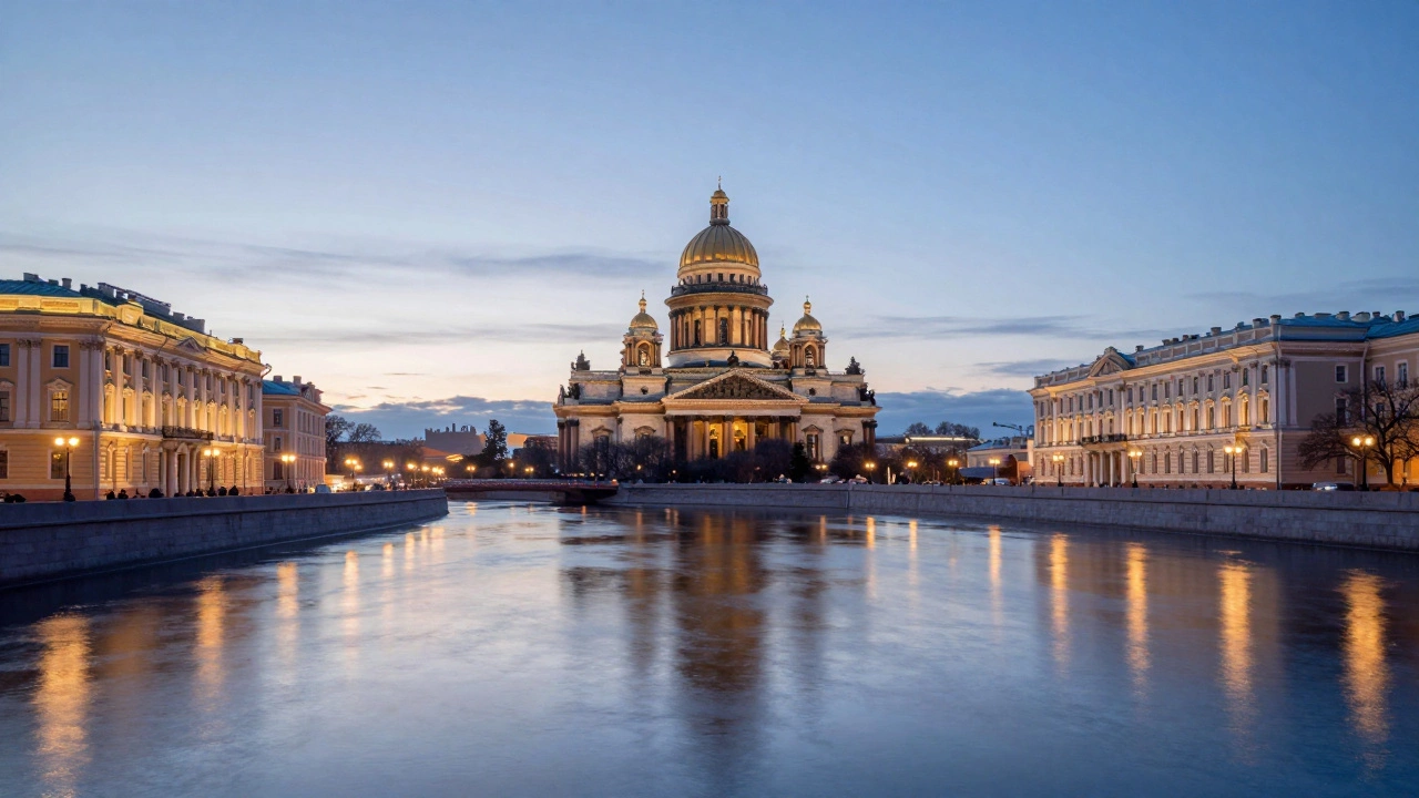 Санкт-Петербург, Белые ночи, отражение золотых куполов на Неве.