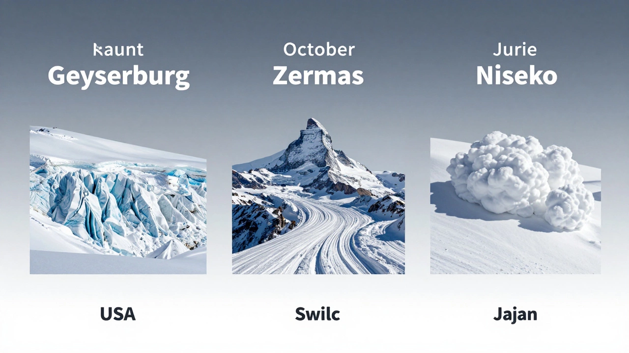 Сравнение трех горнолыжных курортов: Гейсбург, Зерматт и Ниссико, с акцентом на высоту, ледник и качество снега.