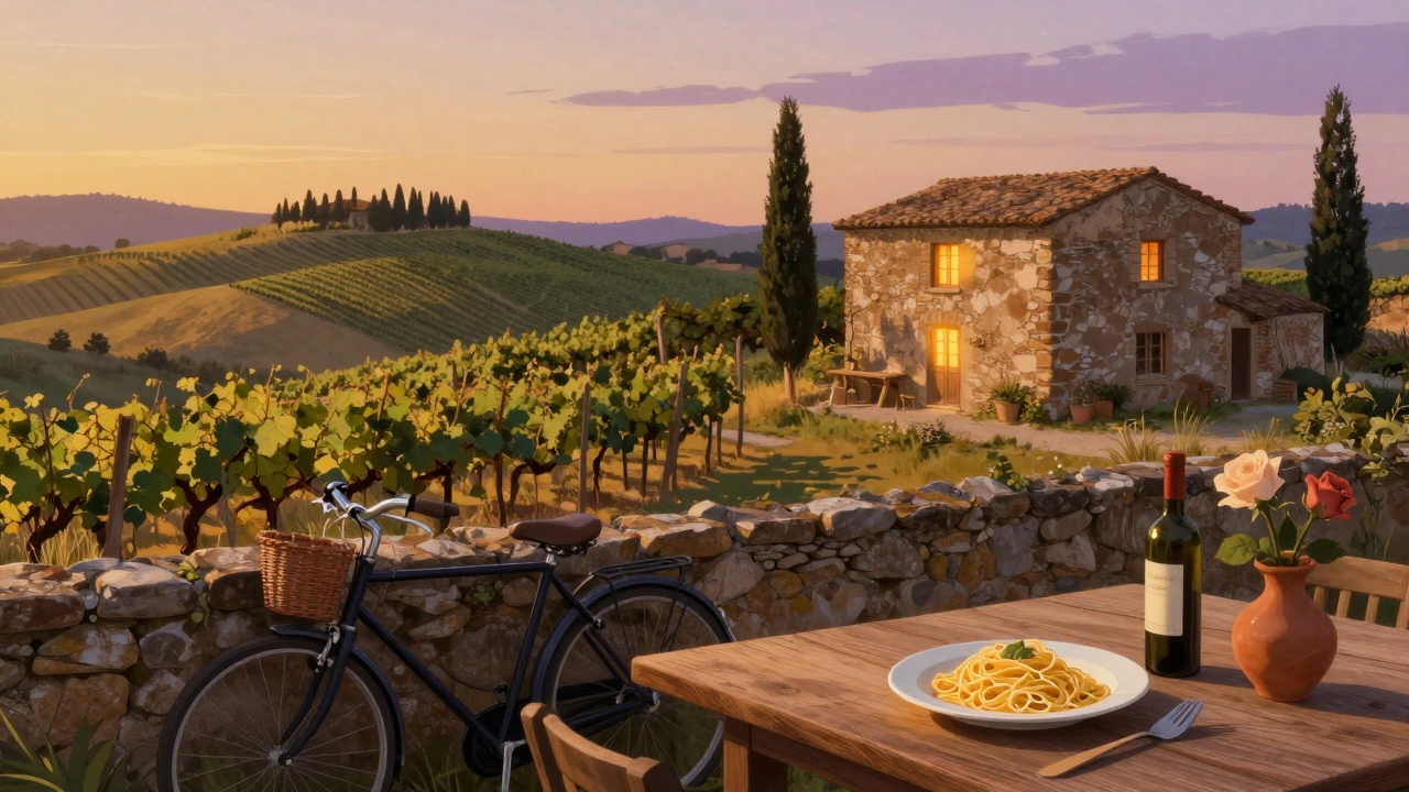 Тосканская деревня на закате: виноградники, каменный дом и ужин на улице с вином и пастой.