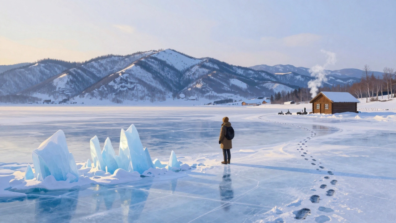 Замерзший Байкал в марте с путешественником на льду и горами на фоне.