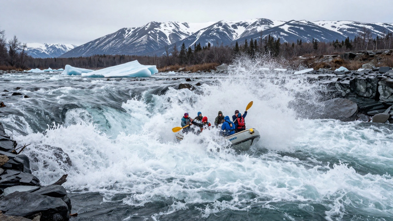 Байдарка несется по бурлящим водам реки в Сибири, вокруг — ледяные обломки и бурлящие волны.