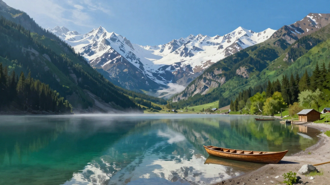 Горное озеро Иссык-Куль с отражением пиков в воде