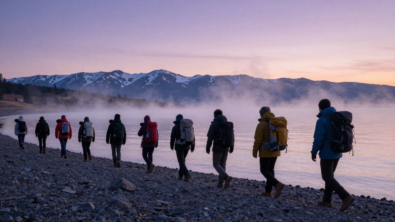 Группа туристов идет по берегу Байкала на рассвете, туман над водой, снежные вершины на фоне.