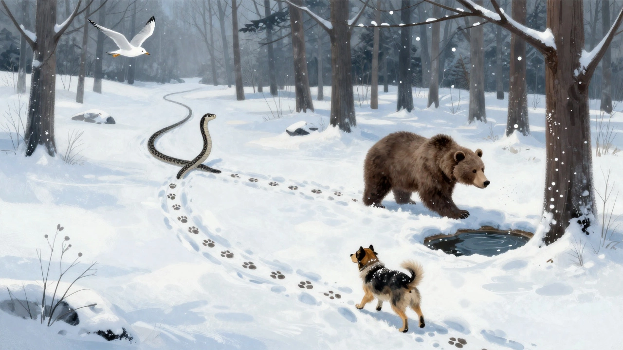 Медведь отворачивается от водопоя, обнаружив запах собаки, снег покрывает следы на дереве.