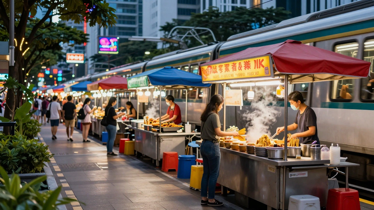 Ночной рынок в Сингапуре: уличная еда, метро и зелень в одном кадре.