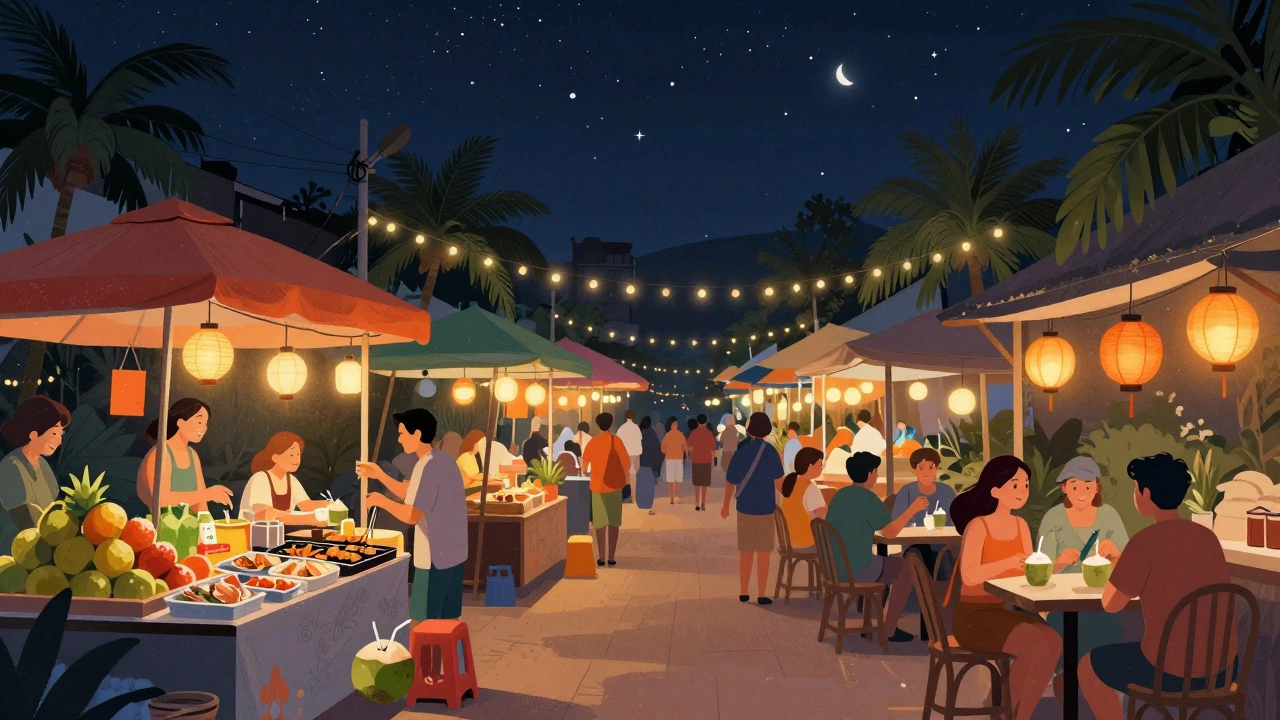 Ночной рынок в Таиланде: огни, еда и люди в атмосфере тёплой, сухой ночи.