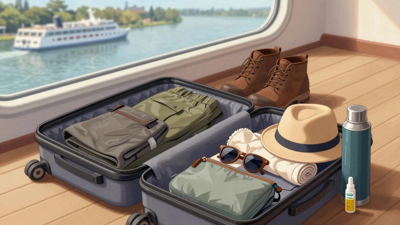 Открытый чемодан с вещами для речного круиза: брюки, обувь, шарф, солнцезащитные очки, кепка и водонепроницаемая сумка.
