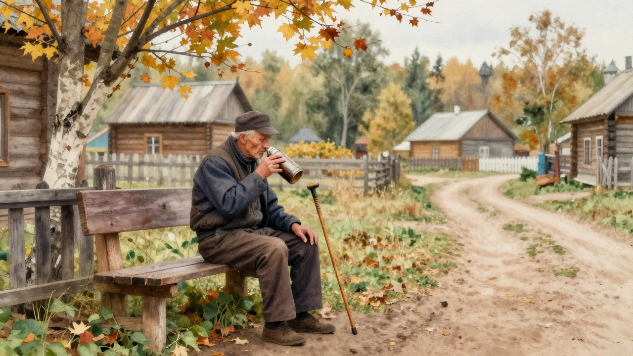 Пожилой мужчина пьет чай у деревянной избы, рядом стоит посох, за ним — тропа в лес.