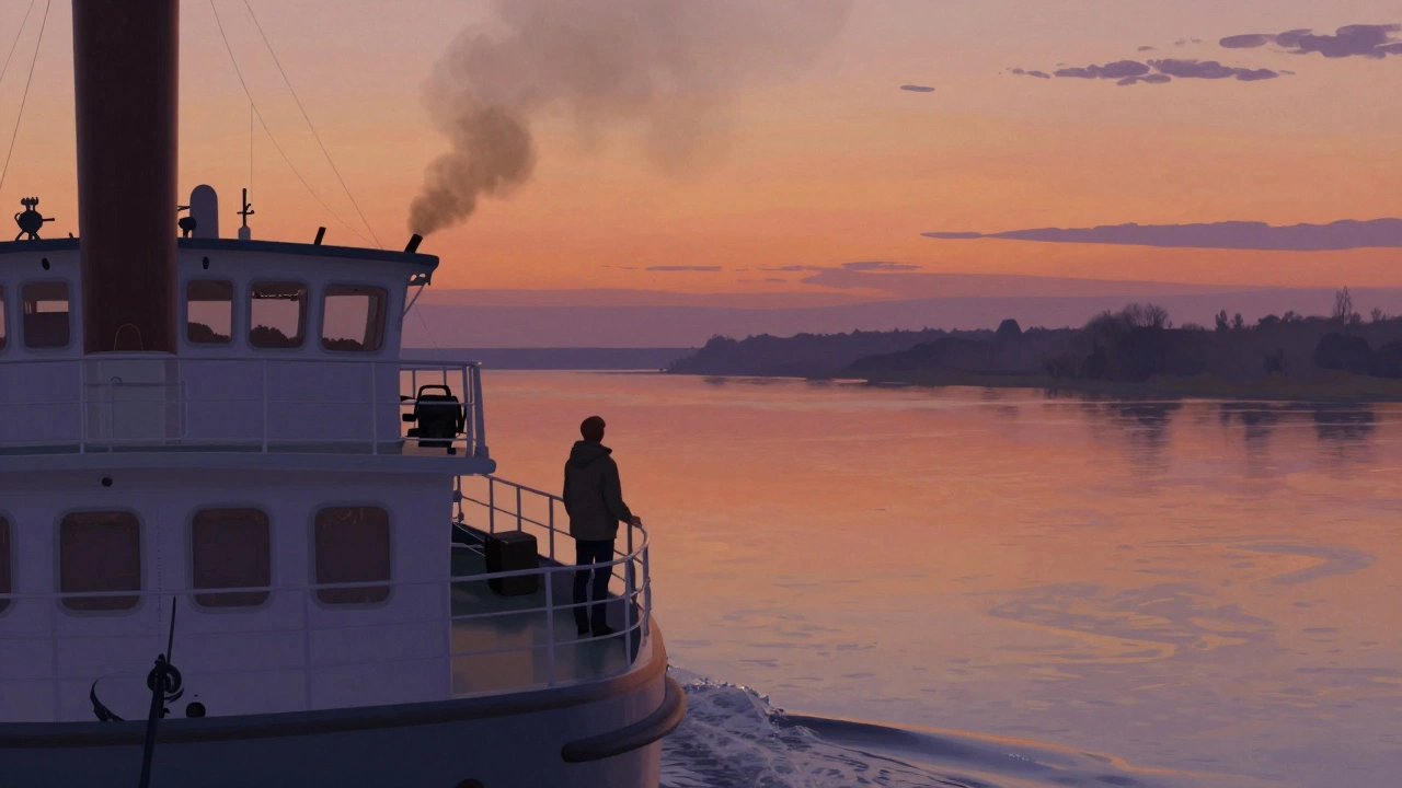 Путешественник стоит на корме теплохода, смотрит на след от лодки и уходящий берег при закате.