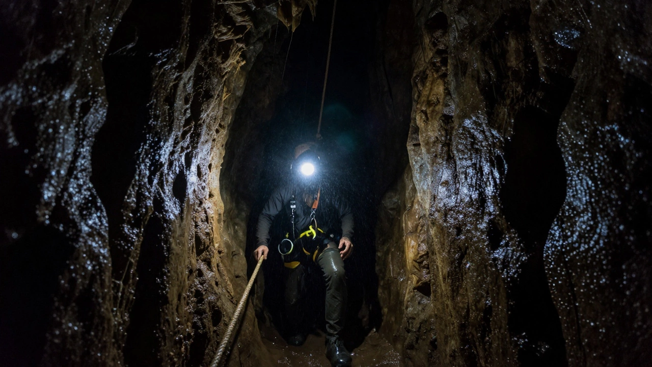 Спелеолог движется в полной темноте подземной пещеры, освещая путь только фонариком на шлеме.
