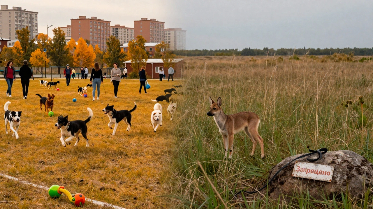 Сравнение: городская зона для собак слева и одинокий детёныш косули в заповеднике справа.