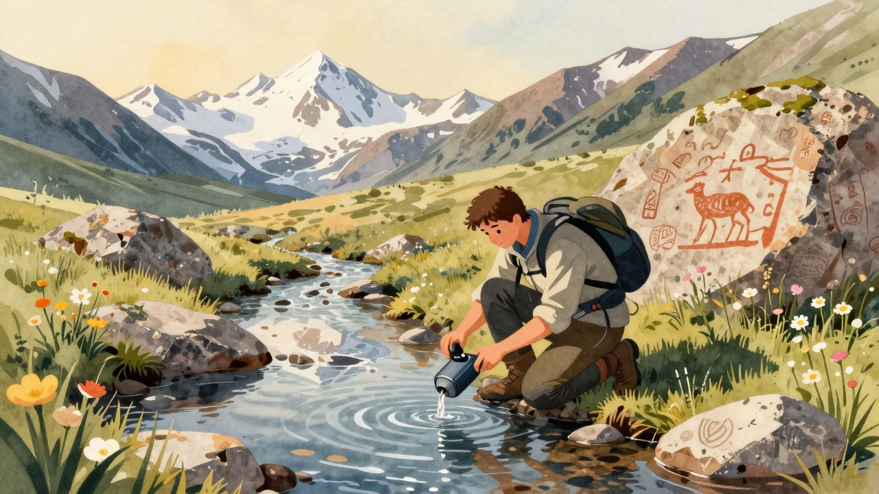 Треккер фильтрует воду в горах Алтая, вокруг дикие цветы и древние наскальные рисунки, золотой свет заката отражается в реке.