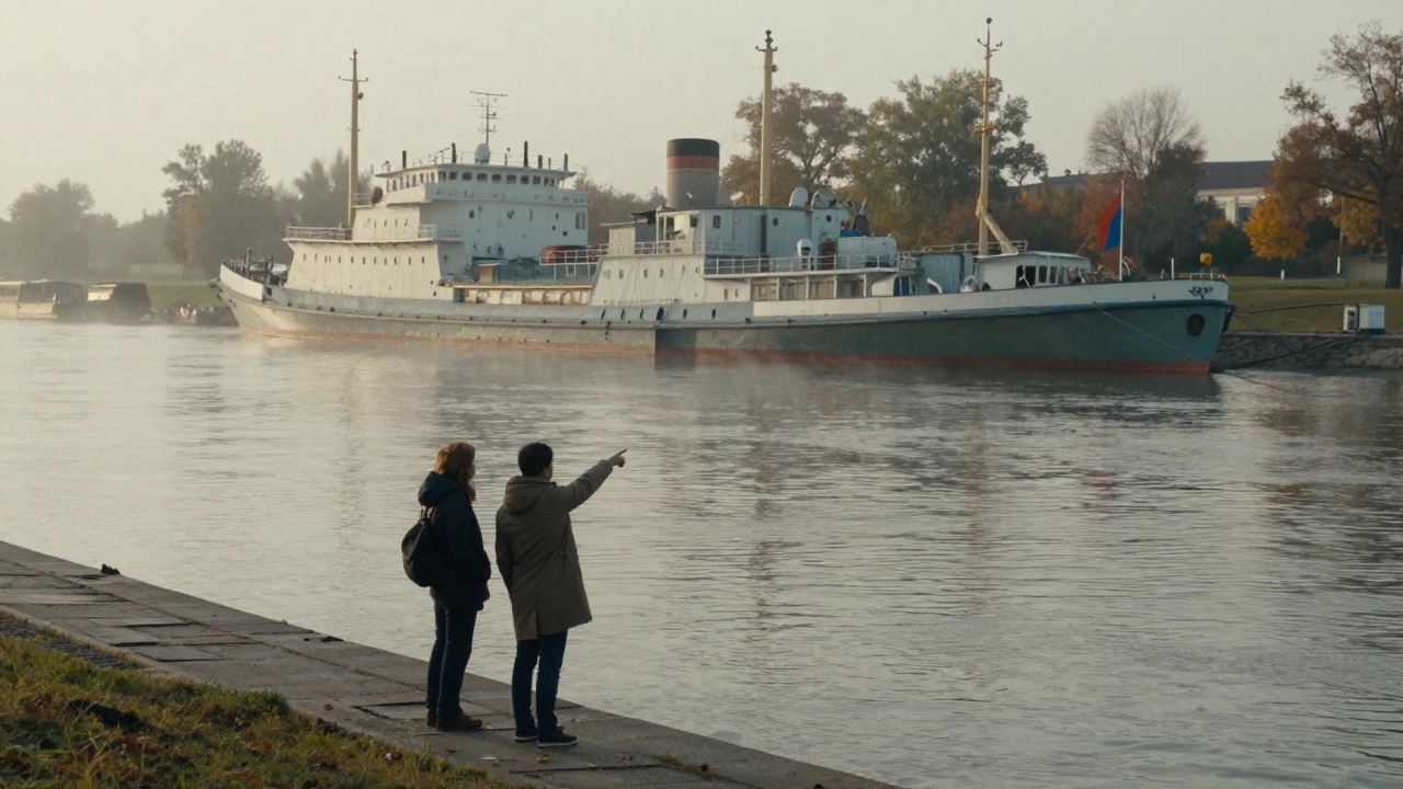 Туристы рассматривают суда на пристани в осеннем тумане.