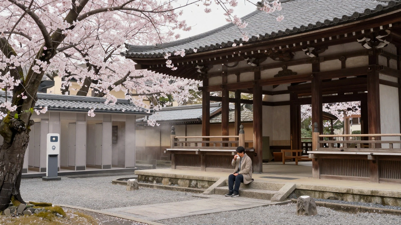 Утренний Кийото: храм, вишни и путешественник за чашкой чая.