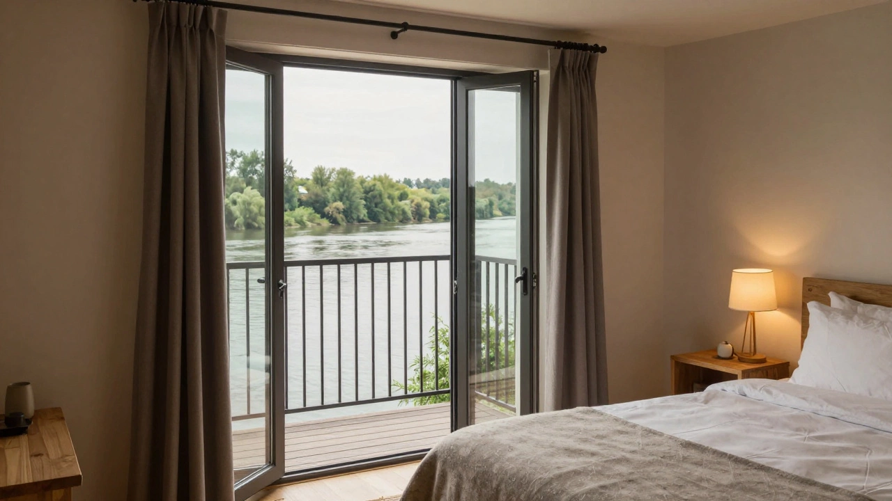 Уютная каюта с окном на реку и мягким теплым освещением внутри.