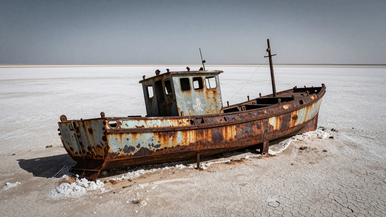 Затонувшая лодка посреди соленой пустыни Аральского моря