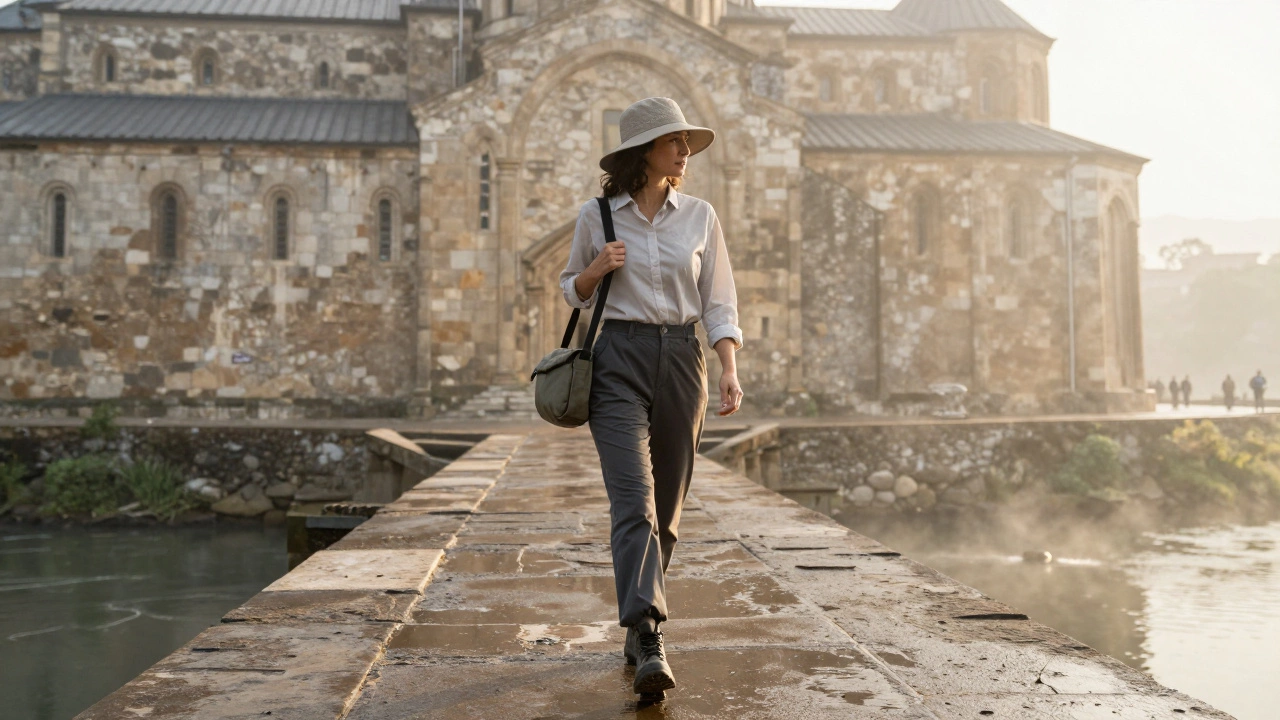 Женщина на каменистом причале в практичной одежде и обуви, с маленькой сумкой и кепкой, за ней — старинный монастырь на берегу реки.