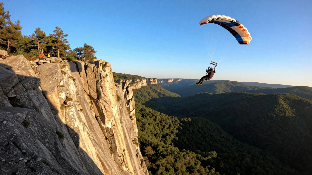Бейсджампер в прыжке с высокой скалы в лучах заходящего солнца